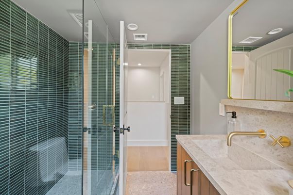 Bathroom, Glass Shower, Interior, Recessed Lighting, Wood Texture Flooring