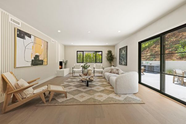 Fireplace, Interior, Living room, Recessed Lighting, Wood Texture Flooring