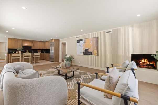Fireplace, Interior, Kitchen, Living room, Recessed Lighting, Wood Texture Flooring