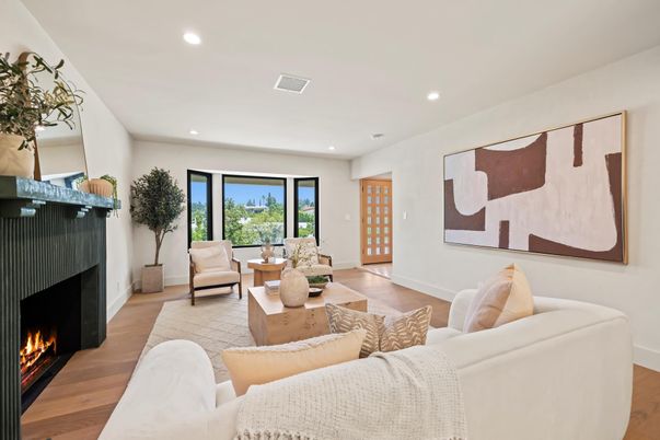 Fireplace, Interior, Living room, Recessed Lighting, Wood Texture Flooring