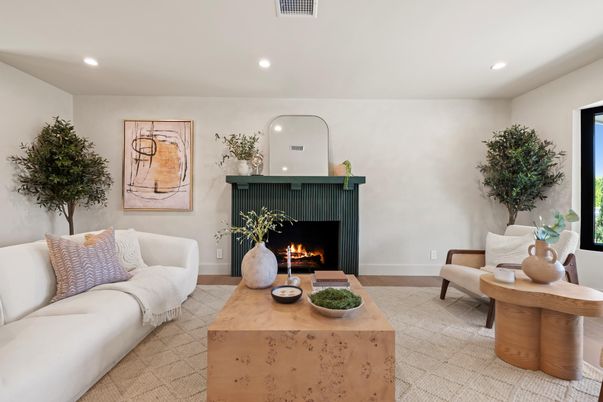 Fireplace, Interior, Living room, Recessed Lighting, Wood Texture Flooring