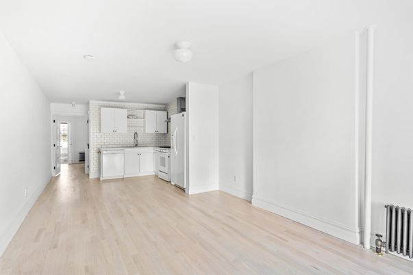Empty room, Interior, Kitchen, Tile Countertops, Wood Texture Flooring