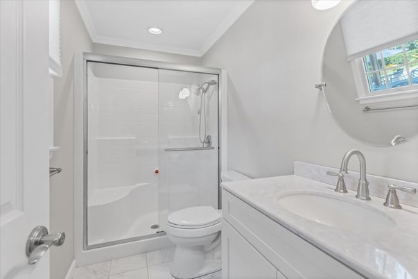 Bathroom, Glass Shower, Interior, Marble, Recessed Lighting