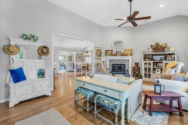 Dining room, Fireplace, Interior, Living room, Pendant Lights, Recessed Lighting, Wood Texture Flooring