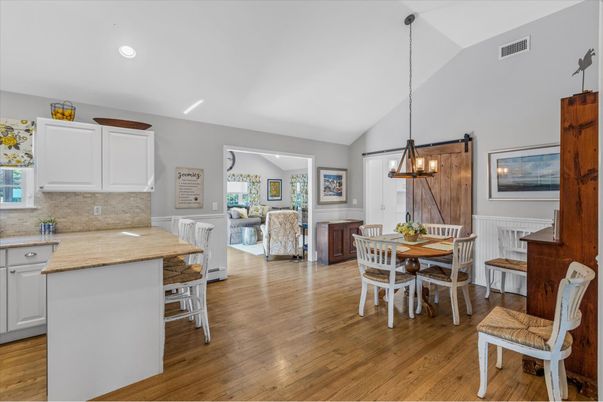Dining room, Interior, Living room, Pendant Lights, Recessed Lighting, Wood Texture Flooring