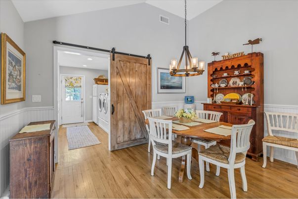 Dining room, Interior, Pendant Lights, Recessed Lighting, Wood Texture Flooring