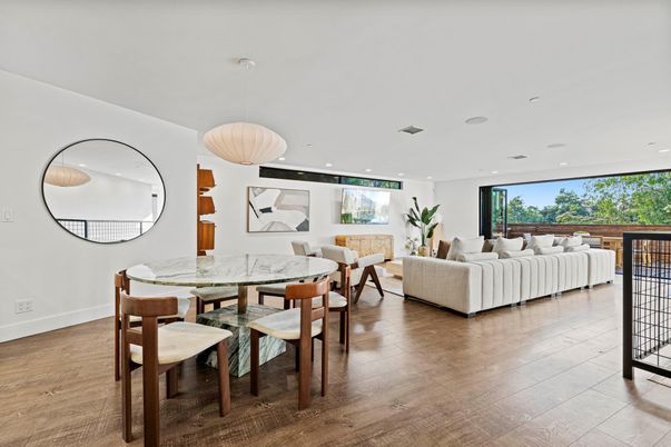 Dining room, Interior, Living room, Pendant Lights, Recessed Lighting, Wood Texture Flooring