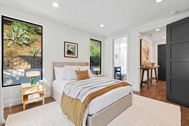 Bedroom, Interior, Recessed Lighting, Wood Texture Flooring