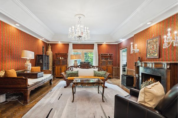 Chandelier, Dining room, Fireplace, Interior, Living room, Recessed Lighting, Wood Texture Flooring, Wooden Walls