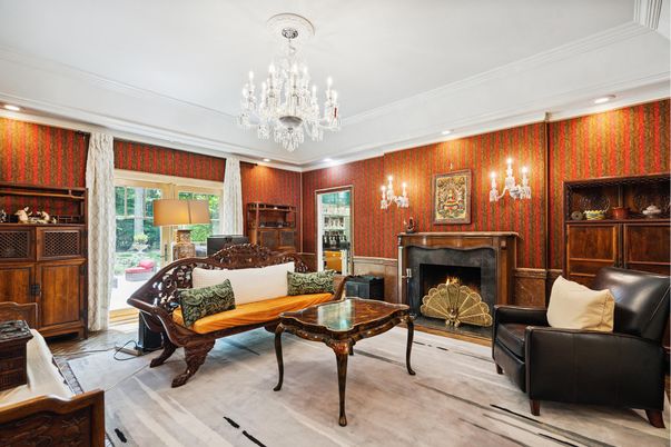 Chandelier, Fireplace, Interior, Living room, Recessed Lighting, Wooden Walls