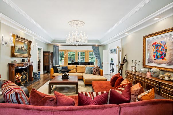 Chandelier, Fireplace, Interior, Living room, Recessed Lighting, Wood Texture Flooring
