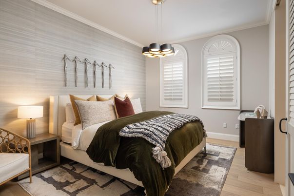 Bedroom, Interior, Pendant Lights, Wood Texture Flooring