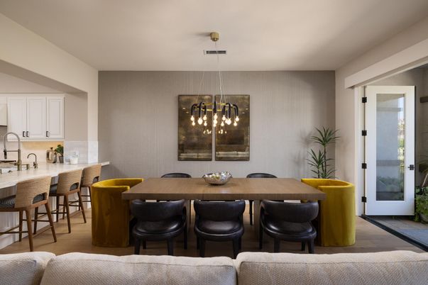 Dining room, Interior, Pendant Lights, Wood Texture Flooring