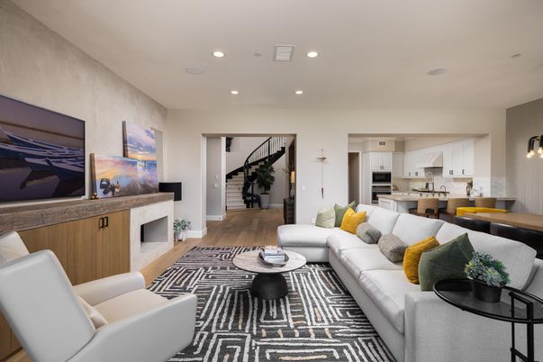 Fireplace, Interior, Kitchen, Living room, Recessed Lighting, Stainless Steel Appliances, Wood Texture Flooring