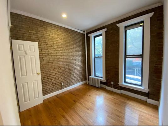 Empty room, Interior, Recessed Lighting, Stone Walls, Wood Texture Flooring