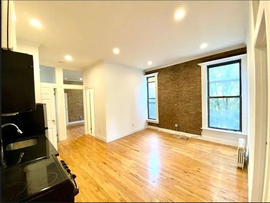 Empty room, Interior, Kitchen, Recessed Lighting, Stone Walls, Wood Texture Flooring