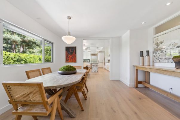 Dining room, Interior, Pendant Lights, Recessed Lighting, Wood Texture Flooring