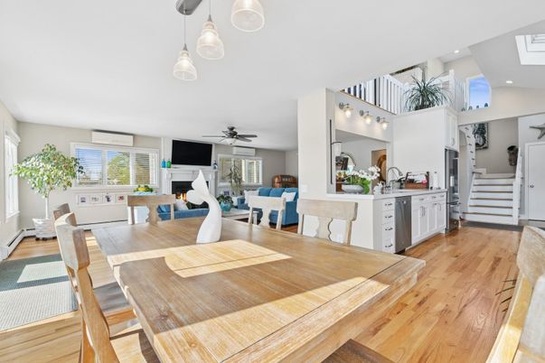 Dining room, Fireplace, Interior, Kitchen, Living room, Pendant Lights, Recessed Lighting, Wood Texture Flooring