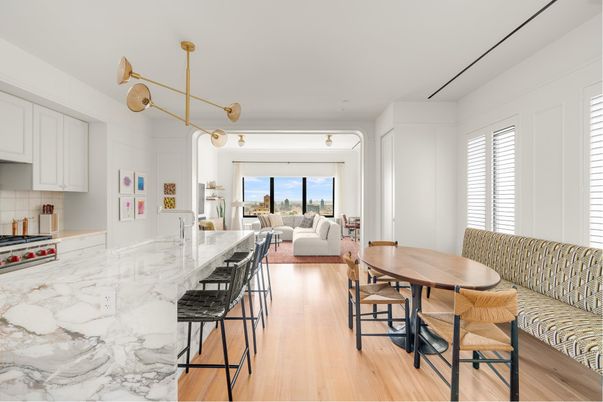 Dining room, Interior, Kitchen, Living room, Pendant Lights, Water, Wood Texture Flooring