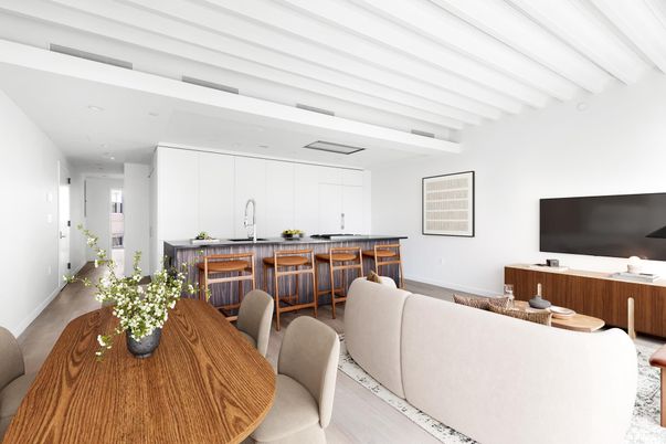 Dining room, Interior, Kitchen, Living room, Recessed Lighting, Wood Texture Flooring
