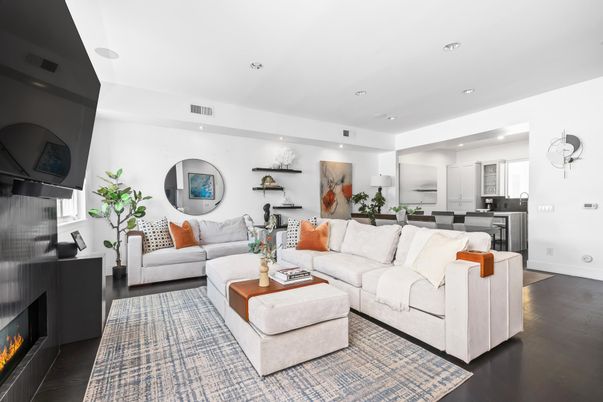 Fireplace, Interior, Kitchen, Living room, Recessed Lighting, Wood Texture Flooring