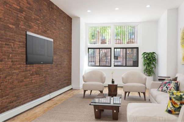 Interior, Living room, Recessed Lighting, Stone Walls, Wood Texture Flooring