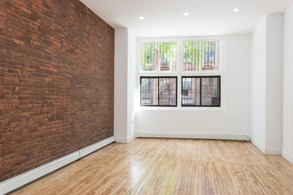 Empty room, Interior, Recessed Lighting, Stone Walls, Wood Texture Flooring