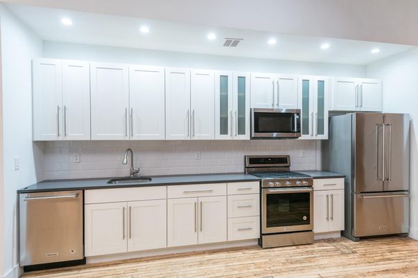 Interior, Kitchen, Recessed Lighting, Stainless Steel Appliances, Wood Texture Flooring