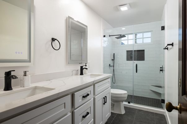 Bathroom, Dual Sink Vanities, Glass Shower, Interior, Recessed Lighting