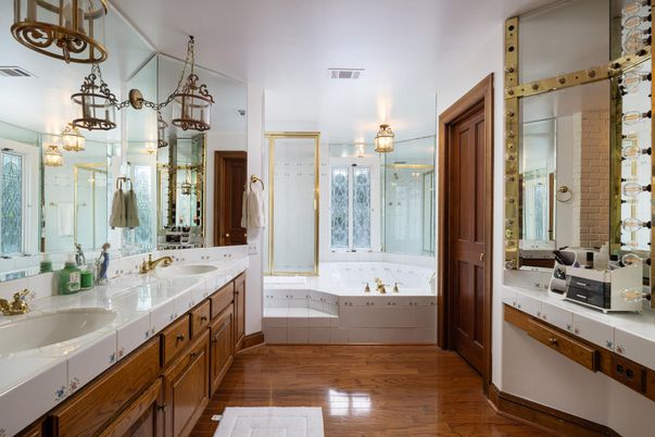 Bathroom, Dual Sink Vanities, Interior, Pendant Lights, Tile Countertops, Wood Texture Flooring