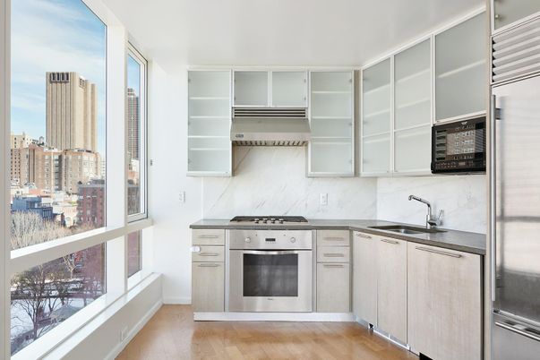 Interior, Kitchen, Marble Walls, Stainless Steel Appliances, Wood Texture Flooring