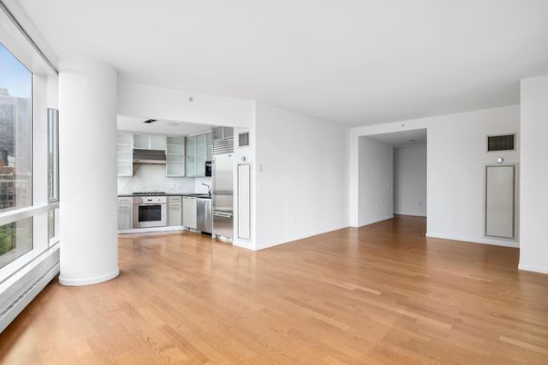 Empty room, Interior, Kitchen, Stainless Steel Appliances, Wood Texture Flooring