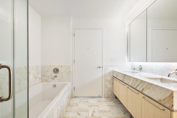 Bathroom, Dual Sink Vanities, Glass Shower, Interior, Marble Walls