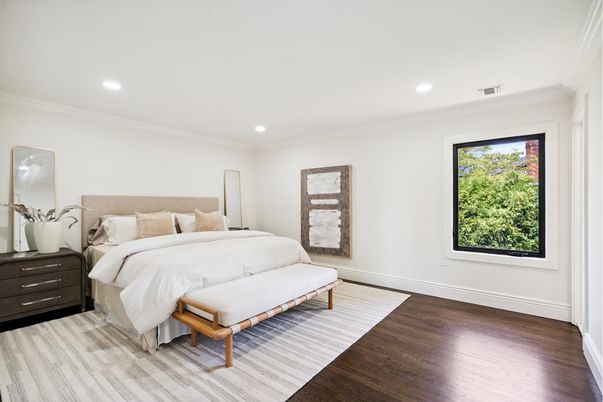 Bedroom, Interior, Recessed Lighting, Wood Texture Flooring