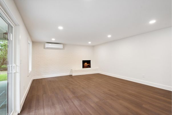 Empty room, Fireplace, Interior, Recessed Lighting, Wood Texture Flooring