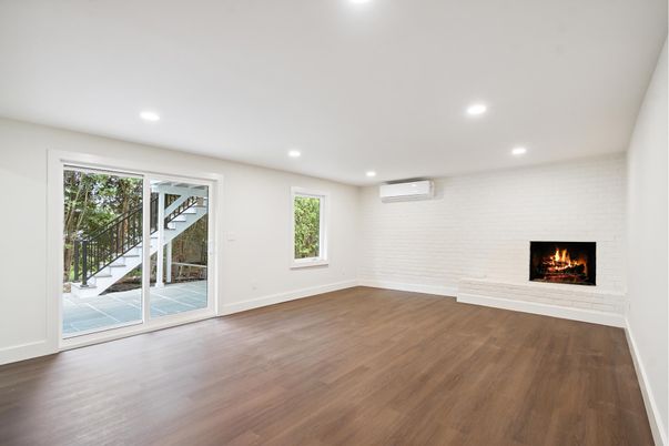 Empty room, Fireplace, Interior, Recessed Lighting, Wood Texture Flooring