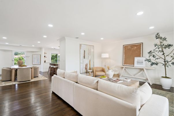 Dining room, Interior, Living room, Recessed Lighting, Wood Texture Flooring