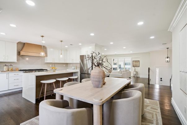 Dining room, Interior, Kitchen, Pendant Lights, Recessed Lighting, Stainless Steel Appliances, Wood Texture Flooring