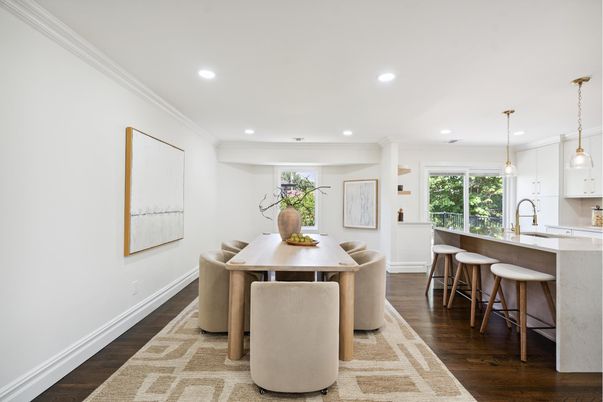 Dining room, Interior, Kitchen, Pendant Lights, Recessed Lighting, Wood Texture Flooring