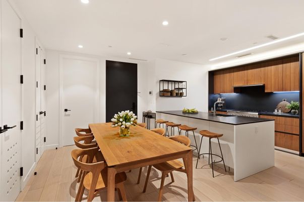 Dining room, Interior, Kitchen, Recessed Lighting, Wood Texture Flooring
