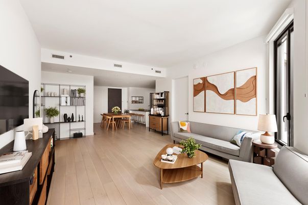 Dining room, Interior, Living room, Recessed Lighting, Wood Texture Flooring