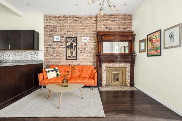 Fireplace, Interior, Recessed Lighting, Stone Walls, Wood Texture Flooring