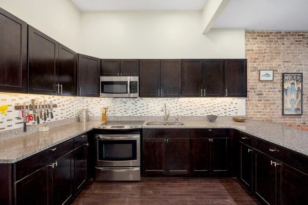 Interior, Kitchen, Stainless Steel Appliances, Stone Walls, Wood Texture Flooring