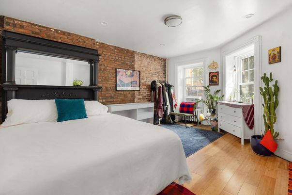 Bedroom, Interior, Recessed Lighting, Stone Walls, Wood Texture Flooring