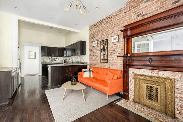 Fireplace, Interior, Kitchen, Living room, Recessed Lighting, Stone Walls, Wood Texture Flooring