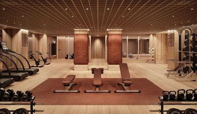 Fitness Equipment, Gym, Interior, Recessed Lighting, Wood Texture Flooring