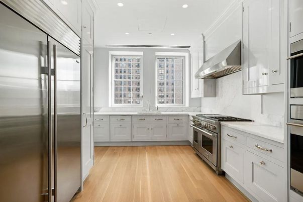 Interior, Kitchen, Marble Walls, Recessed Lighting, Stainless Steel Appliances, Wood Texture Flooring