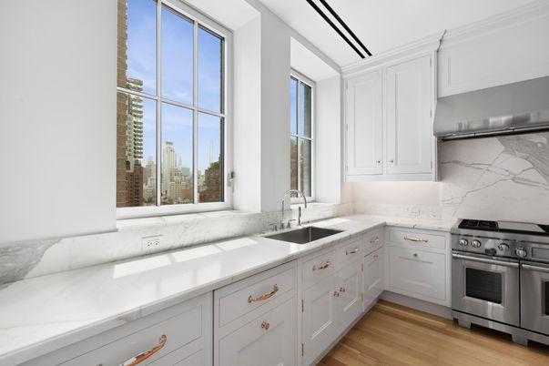 Interior, Kitchen, Marble Walls, Stainless Steel Appliances, Wood Texture Flooring