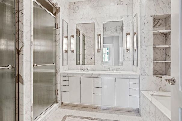 Bathroom, Dual Sink Vanities, Glass Shower, Interior, Marble, Marble Walls