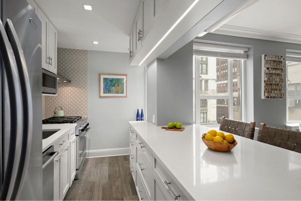 Interior, Kitchen, Recessed Lighting, Stainless Steel Appliances, Wood Texture Flooring